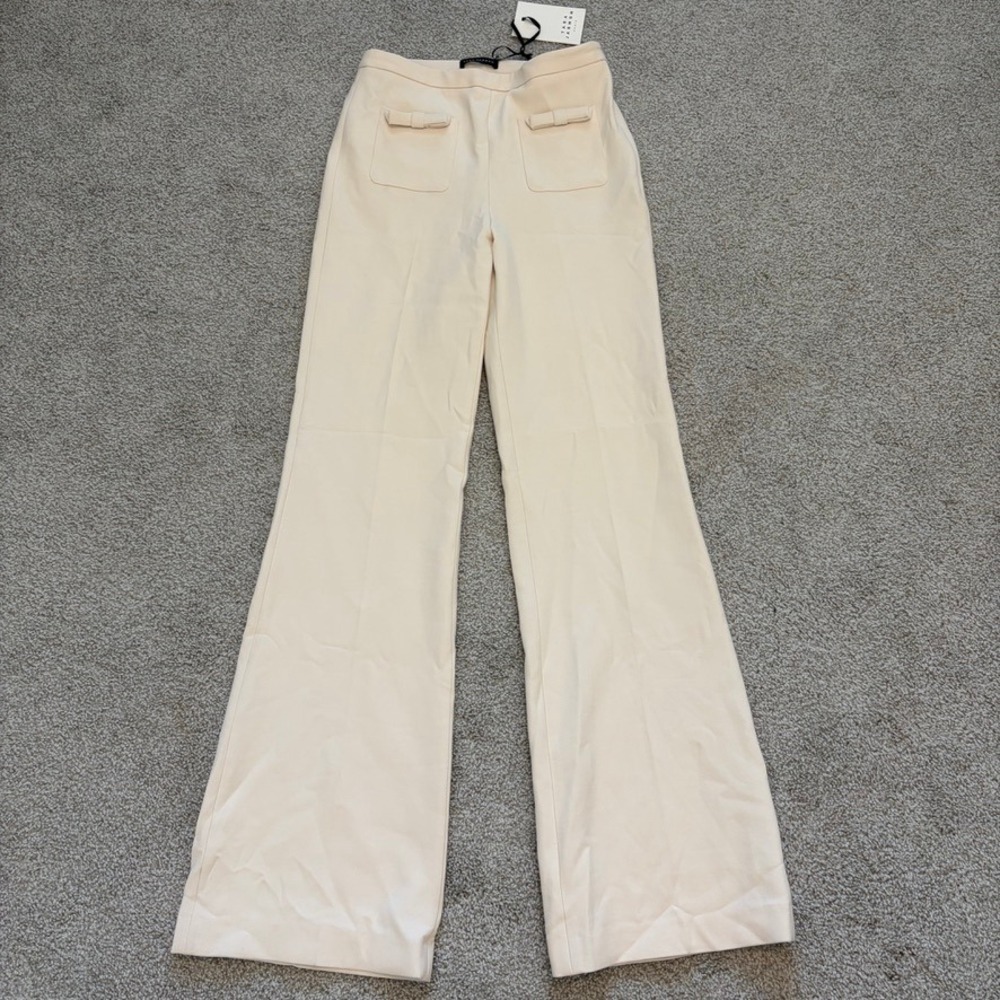 Tara Jarmon Bow Pant Womens 4 Ivory Cream Wide Leg Trousers Preppy Coquette